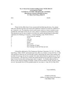 No. 6- Stores/Ltd. Tender/washing Linen /NCDC[removed]Government of India NATIONAL CENTRE FOR DISEASE CONTROL (Directorate General of Health Services) 22- Sham Nath Marg, Delhi-54 M/S