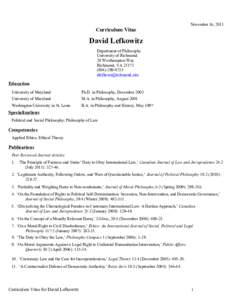 November 16, 2011  Curriculum Vitae David Lefkowitz Department of Philosophy