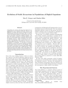 in Artificial Life VIII, Standish, Abbass, Bedau (eds)(MIT Press[removed]pp 227–[removed]Evolution of Stable Ecosystems in Populations of Digital Organisms Tim F. Cooper and Charles Ofria