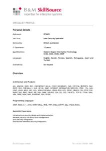 SPECIALIST PROFILE Personal Details Reference: BT2691