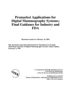 Premarket Applications for Digital Mammography Systems; Final Guidance for Industry and FDA