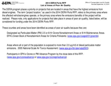 2014 DERA Ports Request for Proposals (RFP), List of Areas of Poor Air Quality (September 16, 2014)