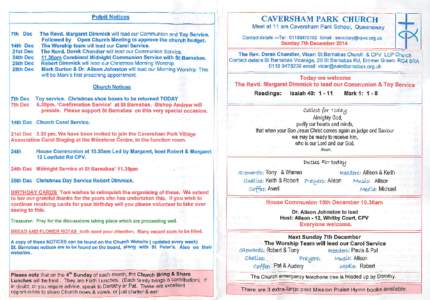 Pulpit Notices  CAVERSHAM PARK CHURCH Meet at 11 am Caversham Park School, Queensway.  7th