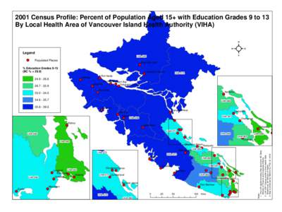 2001 Census Profile: Percent of Population Aged 15+ with Education Grades 9 to 13 By Local Health Area of Vancouver Island Health Authority (VIHA) Legend LHA-085