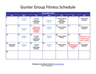 Gunter Group Fitness Schedule November 2014 Sun 2