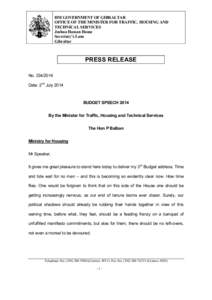 HM GOVERNMENT OF GIBRALTAR OFFICE OF THE MINISTER FOR TRAFFIC, HOUSING AND TECHNICAL SERVICES Joshua Hassan House Secretary’s Lane Gibraltar