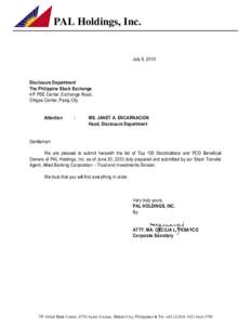 PAL Holdings, Inc.  July 8, 2010 Disclosure Department The Philippine Stock Exchange