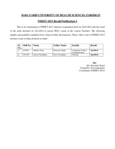 BABA FARID UNIVERSITY OF HEALTH SCIENCES, FARIDKOT PHDET-2013 Result/Notification-3 This is in continuation to PHDET-2013 entrance examination held on[removed]and the result of the same declared on[removed]to pursue