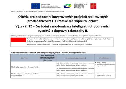 Příloha č. 1 výzvy č. 12 zprostředkujícího subjektu ITI Pražské metropolitní oblasti  Kritéria pro hodnocení integrovaných projektů realizovaných prostřednictvím ITI Pražské metropolitní oblasti Výz