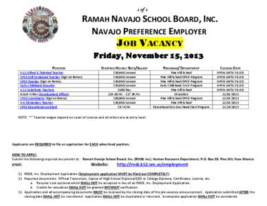 1 of 1  RAMAH NAVAJO SCHOOL BOARD, INC. NAVAJO PREFERENCE EMPLOYER JOB VACANCY Friday, November 15, 2013