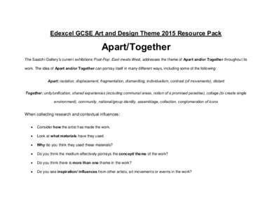 Edexcel GCSE Art and Design Theme 2015 Resource Pack  Apart/Together The Saatchi Gallery’s current exhibitions Post-Pop: East meets West, addresses the theme of Apart and/or Together throughout its work. The idea of Ap