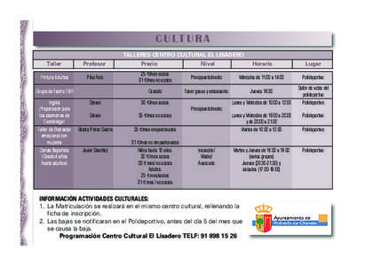 Robledo DICIEMBRE OK_Maquetación[removed]:01 Página 2  c u lt u r a TALLERES CENTRO CULTURAL EL LISADERO Taller