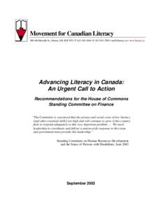 Movement for Canadian Literacy[removed]Metcalfe St., Ottawa, ON, K2P 1P5 • T: [removed] • F: [removed] • [removed] • www.literacy.ca Advancing Literacy in Canada: An Urgent Call to Action Recommendati