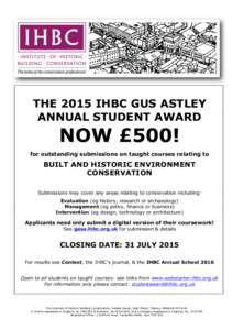 IHBC Gus Astley Annual Student Award 2015 Flyer @ £500