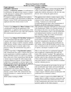 Minnesota Department of Health Health Care Home Variance Guidelines Topic (rule part) Decision / Action Applicants may submit a variance through the HCH[removed]VARIANCE