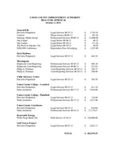 UNION COUNTY IMPROVEMENT AUTHORITY BILLS FOR APPROVAL October 2, 2013 General File DeCotiis Fitzpatrick Verizon