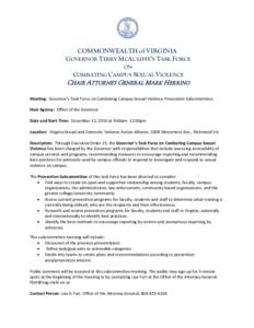 COMMONWEALTH of VIRGINIA GOVERNOR TERRY MCAULIFFE’S TASK FORCE ON COMBATING CAMPUS SEXUAL VIOLENCE  CHAIR ATTORNEY GENERAL MARK HERRING