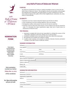 2015 Hall of Fame of Delaware Women PURPOSE: 34th  Hall of Fame