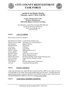 CITY-COUNTY REINVESTMENT TASK FORCE Agenda for the Regular Meeting Thursday, April 17, 2014, 12:00 PM County Administration Center 7th Floor Meeting Room