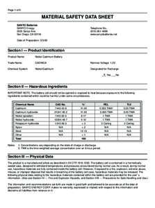 Page 1 of 6  MATERIAL SAFETY DATA SHEET SANYO Batteries SANYO Energy 2055 Sanyo Ave.