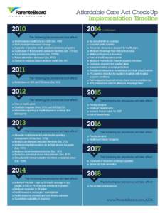 Affordable Care Act Check-Up Implementation Timeline continued... The following tax provisions took effect: > 	Small business healthcare tax credit (Sec. 45R) > 	Adult dependent insurance coverage
