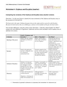 Ovid’s Metamorphoses: A Common Core Exemplar  Worksheet 4. Orpheus and Eurydice (teacher) Comparing two versions of the Orpheus and Eurydice story (teacher version) Directions: Use the space below to identify the main 