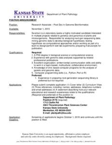Department of Plant Pathology POSITION ANNOUNCEMENT Position:  Research Associate – Post Doc in Genome Bioinformatics