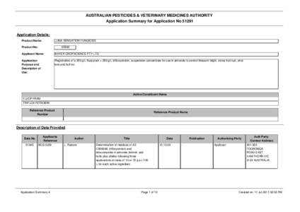 AUSTRALIAN PESTICIDES & VETERINARY MEDICINES AUTHORITY Application Summary for Application No[removed]Application Details: Product Name: