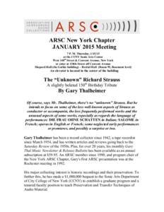 ARSC New York Chapter JANUARY 2015 Meeting 7 P. M. Thursday, [removed]at the CUNY Sonic Arts Center West 140th Street & Convent Avenue, New York or enter at 138th Street off Convent Avenue