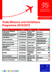 Trade Missions and Exhibitions Programme[removed]Event Name Kuala Lumpur (Malaysia) Trade Mission Chicago (USA) Trade Mission