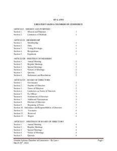 . BY-LAWS GREATER YAKIMA CHAMBER OF COMMERCE ARTICLE I - MISSION AND PURPOSES Section 1. Mission and Purposes