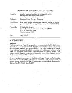 SUMMARY AND RESPONSE TO PUBLIC COMMENTS  Permit No: Aquifer Protection Permit (APP) Application # [removed]Facility Name: Rosemont Copper Project