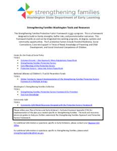 Strengthening Families Washington Tools and Resources The Strengthening Families Protective Factor Framework is not a program. This is a framework designed to build on family strengths, buffer risks, and promote better o