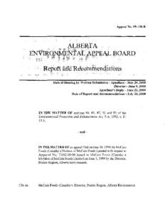 Appeal NoR  :ALBERTA ENVIRONM TAL APPEAL BOA  Date of Hearing by Written Submission Appellant May 29, 2000