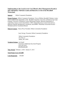 `Implementing at the Local Level: Cost Effective Best Management Practices that will Reduce Nutrients Loads and Bacteria Levels in the Broadkill Watershed