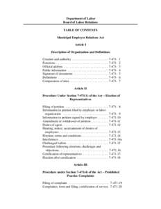 Department of Labor Board of Labor Relations TABLE OF CONTENTS Municipal Employee Relations Act Article I Description of Organization and Definitions