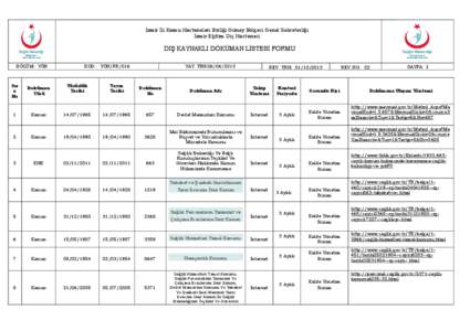 İzmir İli Kamu Hastaneleri Birliği Güney Bölgesi Genel Sekreterliği İzmir Eğitim Diş Hastanesi DIŞ KAYNAKLI DÖKÜMAN LİSTESİ FORMU BÖLÜM : YÖN