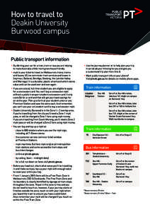 How to travel to Deakin University Burwood campus Public transport information >> By ditching your car for a train, tram or bus you are helping to make Australia a little more greenhouse friendly.