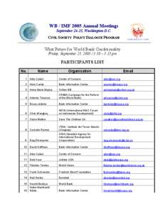 WB / IMF 2005 Annual Meetings September 24-25, Washington D.C. CIVIL SOCIETY POLICY DIALOGUE PROGRAM What Future for World Bank Conditionality Friday, September 23, [removed]:30 – 5:15 pm