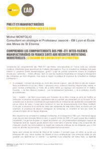 PME ET ETI MANUFACTURIÈRES STRATÉGIES DE REBOND FACE À LA CRISE Michel MONTOLIO Consultant en stratégie et Professeur associé - EM Lyon et École des Mines de St Étienne