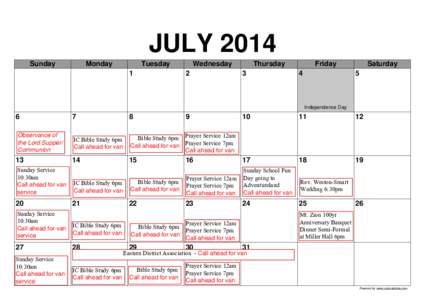 JULY 2014 Sunday Monday  Tuesday