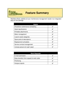 Feature Summary MainBoss Basic satisfies all your maintenance management needs in an integrated easy-to-use package. Assets Preventive maintenance scheduling