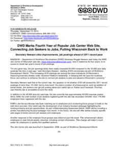 DWD Marks Fourth Year of Popular Job Center Web Site, Connecting Job Seekers to Jobs, Putting Wisconsin Back to Work