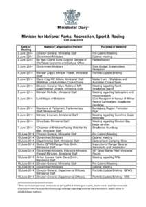 Minister for National Parks, Recreation, Sport and Racing Ministerial Diary June 2014