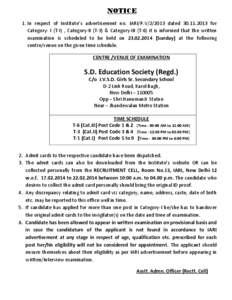 NOTICE 1. In respect of Institute’s advertisement no. IARI/P.V[removed]dated[removed]for Category- I (T-I) , Category-II (T-3) & Category-III (T-6) it is informed that the written