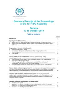 Summary Records of the Proceedings of the 131st IPU Assembly Geneva[removed]October 2014 Table of contents Page(s)