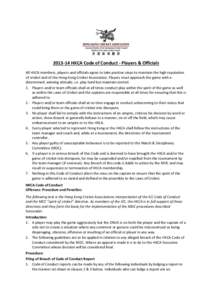 [removed]HKCA Code of Conduct - Players & Oﬃcials All HKCA members, players and oﬃcials agree to take positive steps to maintain the high reputation of cricket and of the Hong Kong Cricket Association. Players must ap