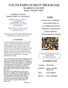 YOUTH EMPLOYMENT PROGRAMS WARREN COUNTY January – December of 2013 WARREN COUNTY EMPLOYMENT & TRAINING