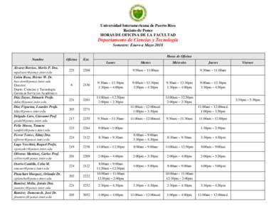 Universidad Interamericana de Puerto Rico Recinto de Ponce HORAS DE OFICINA DE LA FACULTAD Departamento de Ciencias y Tecnología Semestre: Enero a Mayo 2018