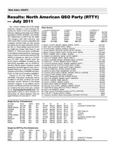 Mark Aaker, K6UFO  Results: North American QSO Party (RTTY) — July 2011 Don, AA5AU, finished first in the Single Operator category, a nice showing following his return to the top position in